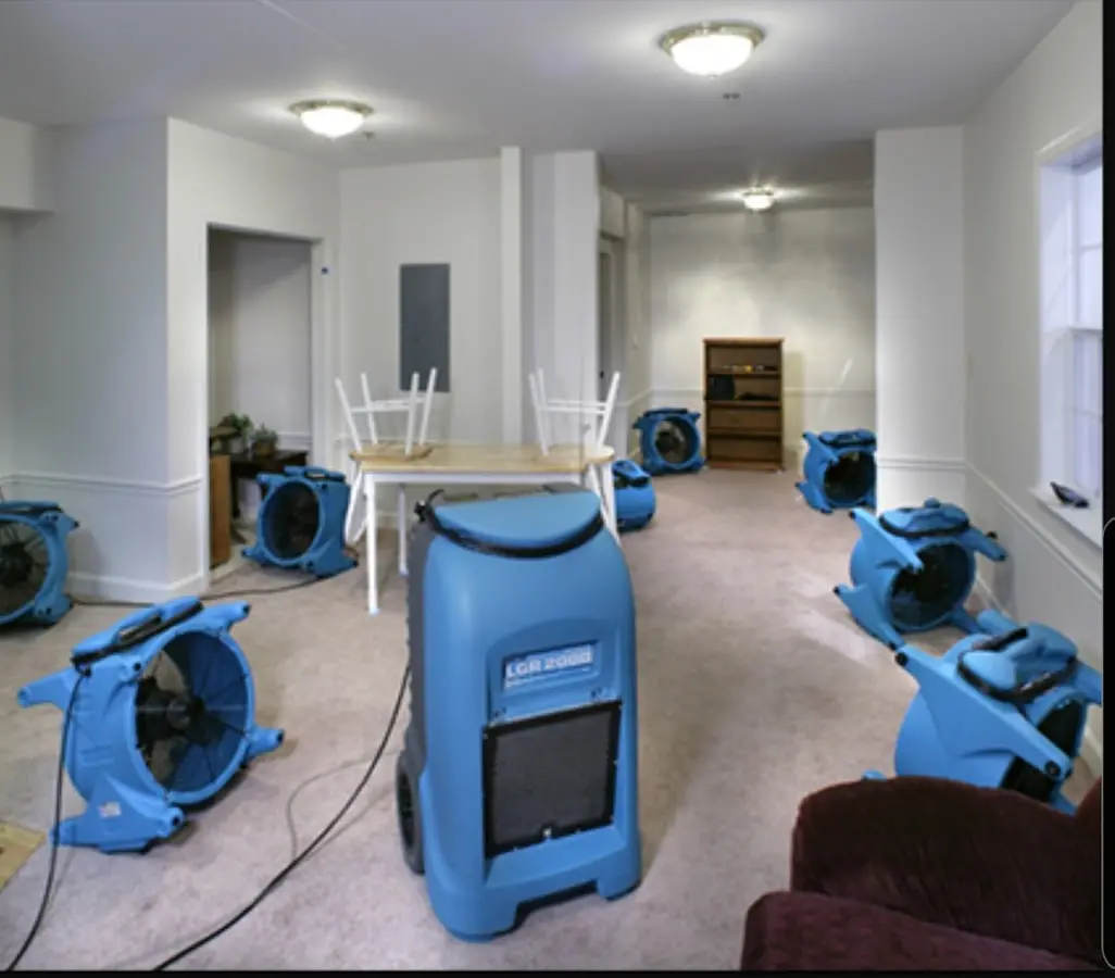 Air movers and dehumidifier setup for Water Damage Restoration in Rockford